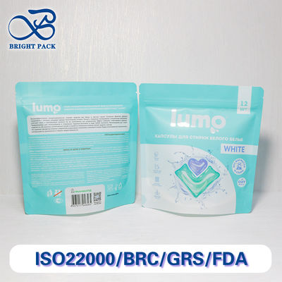 再封可能なジッパーと防湿バリア保護を備えたカスタム印刷のスタンドアップパウチ、ランドリーポッド包装用。